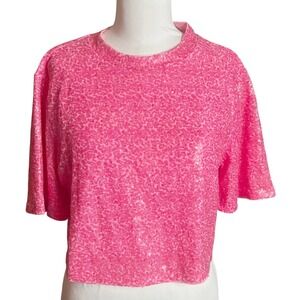 HM Womens Pink Sequin Crop Top Short Sleeve Crew Neck Party Shirt Size Medium